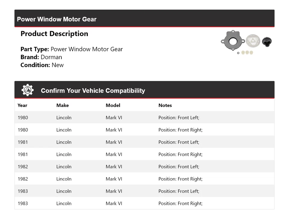 Engranaje motor ventana eléctrica Lincoln Mark VI Dorman 1980-1983 1981 1982 Foto 2 de 3