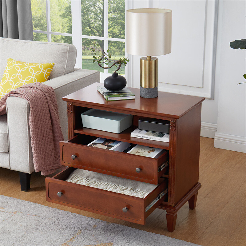 Walnut Nightstand with Charging Station Bedroom End Table with Storage Drawers