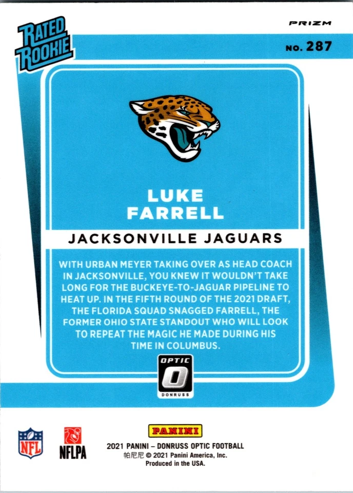 LUKE FARRELL 2021 DONRUSS OPTIC GREEN VELOCITY RATED ROOKIE JAGUARS #287 - Image 2 of 2