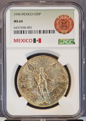 1944 MEXICO GOLD 50 PESOS G50P NGC MS 64 BRIGHT BU SCARCE NON
