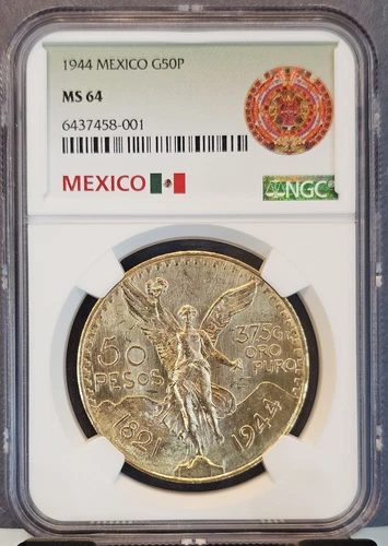 1944 MEXICO GOLD 50 PESOS G50P NGC MS 64 BRIGHT BU SCARCE NON RESTRIKE DATE