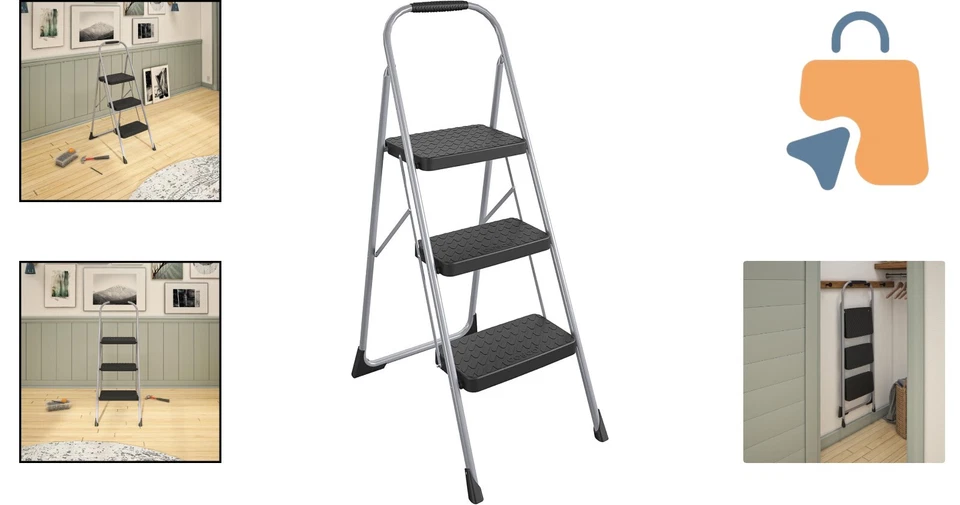 Secure Three-Step Folding Stool with Rubber Hand Grip for Easy Household Access - Image 2 of 4