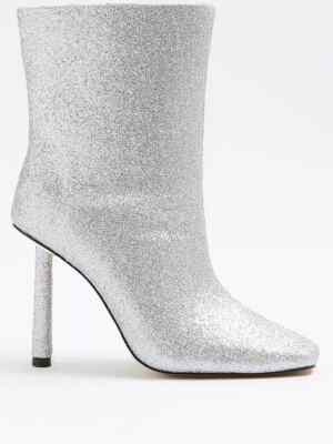 RIVER ISLAND 'Valerie' Silver Glitter Stiletto Heel Ankle Boots