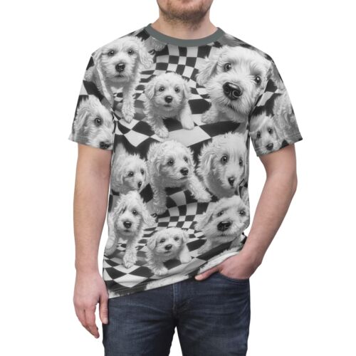 T-Shirt Unisex Uomo Camicia Cane Bianco e Nero Allover Carino Cucciolo Donna Tee - Foto 10 di 10