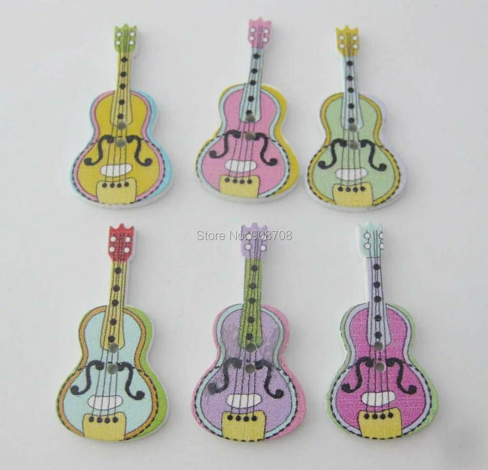 30pcs/lot Wood Guitar Shape Buttons Painted Wooden Button Scrapbooking Crafts S - Image 2 of 4