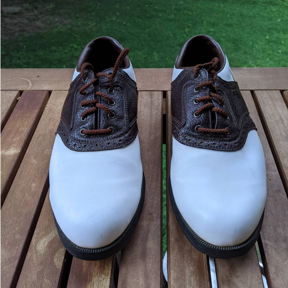 Men\'s Fot Joy Originals Saddle Brown & White Golf Shoes With Spikes Size 8M Foot-joy DryJoys Golf Shoes - Metal Spikes Vintage... | Depop main image 3