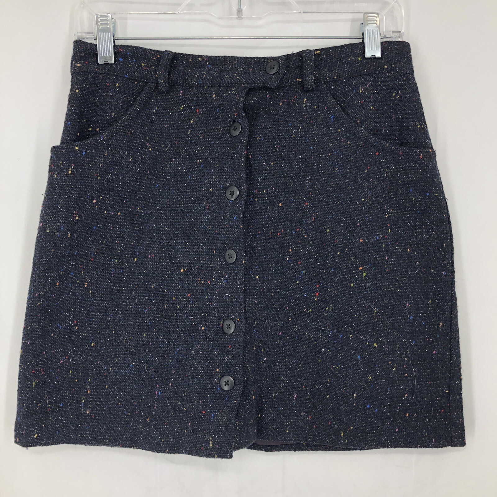 Gap Black Navy Blue Color Fleck Wool Tweed Button Front Lined Mini Skirt 8