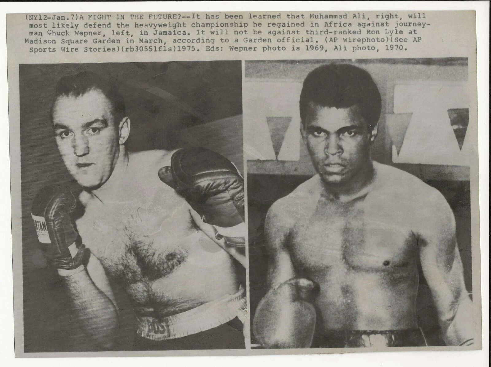 1975年 ムハマド アリはタイトルとチャックウェプナーのボクシングワイヤー写真を守るための選択 - 画像1/2