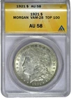 1921 ANACS AU58 Top 100 VAM-28 Wide Reeding Morgan Dollar