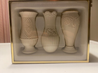 Lenox 3pc Bud Vases Beaded Pattern with Gold Rim 5'' PORCELAIN NEW IN BOX