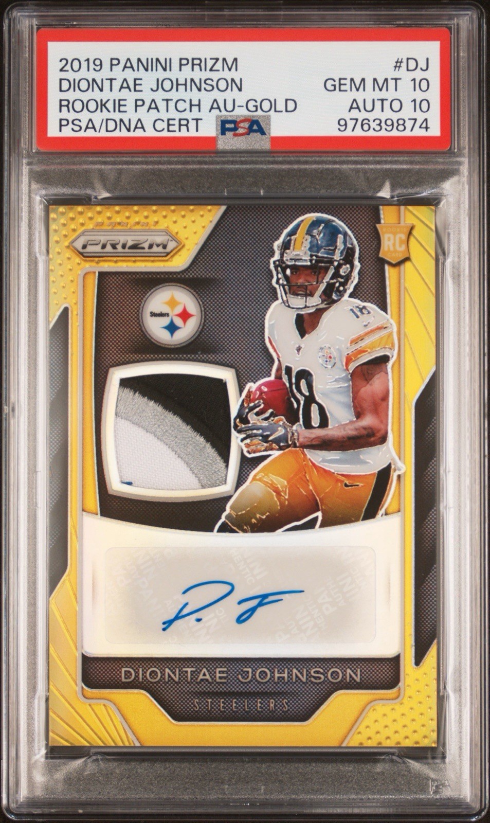 2019 Panini Prizm Rookie Patch Autographs Diontae Johnson Gold Prizm /10 PSA 10