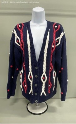 Robert Scott Ltd Womens Navy Red White Knit Embroidered Cardigan Sweater Medium