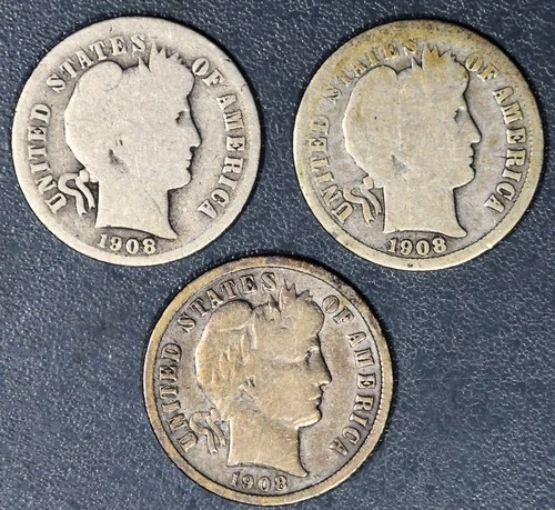 1908-POS 10C BARBER SILVER DIMES Lot of 3 KM#113 Circulated A6306