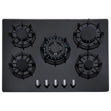 SIA 70cm 5 Burner Black Glass Gas Hob With Cast Iron Pan Stands And Wok Burner