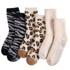 Fuzzy Socks for Women with Grips 3 Pairs Slipper Socks Warm Gifts Brown Leopard