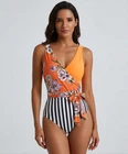 NWT Cupshe One Piece Swimsuit Sz M Orange Floral Striped Wrap Tie Waist Tropical