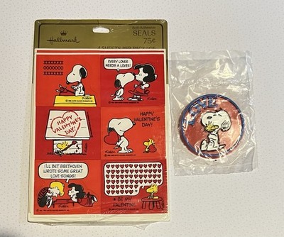 Vintage Snoopy Woodstock Hallmark VALENTINE Day STICKERS & LOVE Pin Peanuts