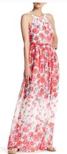 ELIZA J Pink/Red Floral Print Halter Bow Tie Back Chiffon Maxi Dress | 8 = M EUC