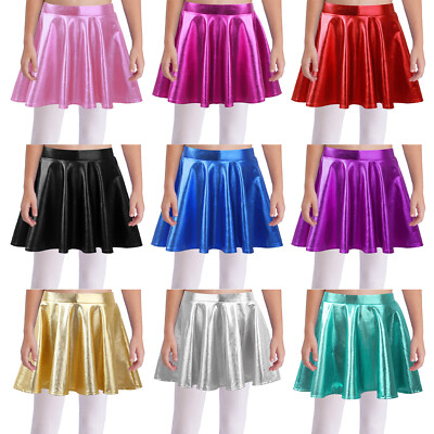DE Kinder Mädchen Tanzrock Metallic A-Linie Faltenrock Skater Röcke Tanz Outfit