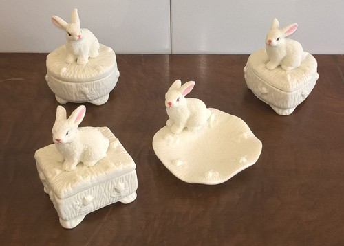 Easter Spring Candy Dish Nut Tray Set 4 Baby Bunny Rabbits Porcelain Bisque 3-4" - Picture 7 of 17