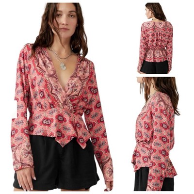 Free People Falling for You Peplum Blouse Top Orange Floral BOHO Sz Small