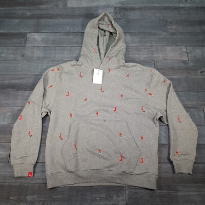 NIKE Air Jordan Essentials Holiday AOP Pullover Hoodie Mens LARGE Heather Grey