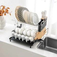 NNECW 2-Tier Detachable Dish Drying Rack with Cutlery Holder & 360 Swiveling Spo