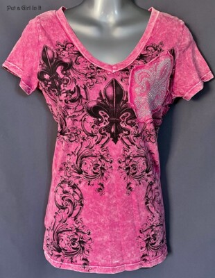 New Vocal Apparel Women's Crystal Pink Fleur De Lis Patch Overlay Shirt S M USA