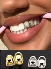 Custom Iced CZ 14K Gold Plated or Silver Double Open Cap 2 Tooth Teeth Grillz