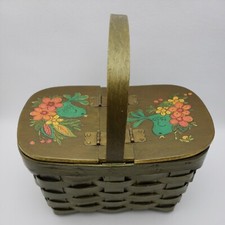 Vintage 1970's Decoupage Woven Wood Basket Purse Sewing Blue Birds Floral Green