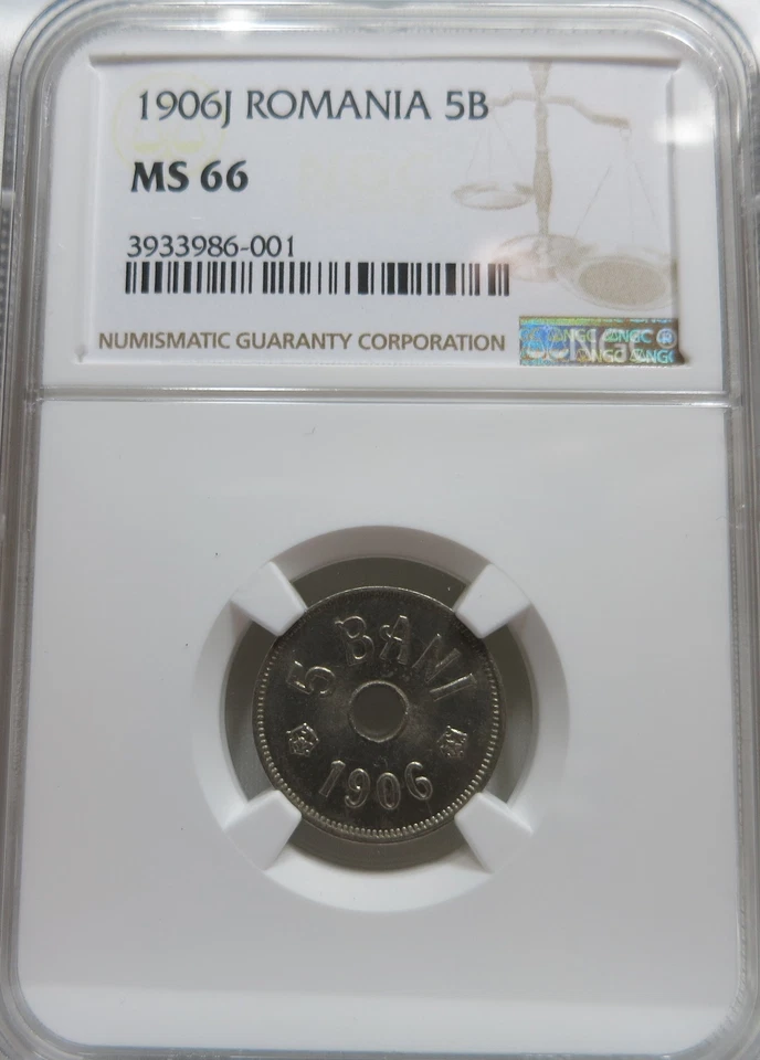 ROMANIA Kingdom 5 bani 1906 J Hamburg NGC MS 66 UNC King Carol I. Nickel Crown - Image 3 of 3