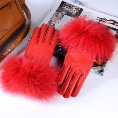 Women's 100% Real Fox Fur with Leather Winter Warm Touch Screen Lambskin gloves 