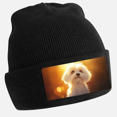 Black Beanie Hat with Cool Maltese Dog Motif - Unisex Cap, Cotton