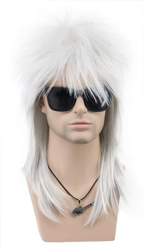 Lange gerade silberne Perücke 70er 80er Rocker Punk Disco Vokuhila Herren Damen