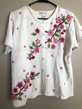 Vintage ARRIVISTE Embrod PINK FLOWERS Short Sleeve Sweater Size M