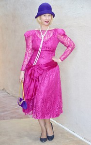 VTG 80s Fuchsia Lace Flapper Style Drop Waist Dress Romantic Sz 8 Barbie
