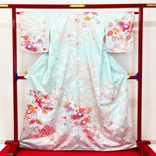 Japanese Kimono 'HOMONGI' Polyester/Light green/Flower/Length:169cm N0900