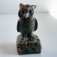 Vintage Owl - Cast Metal Brass/Bronze? Blue Glass Eyes 2&rdquo; Figurine Paperweight