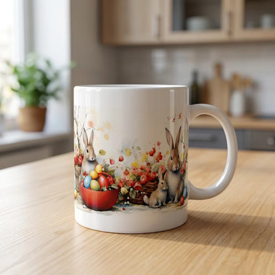 Whimsical Watercolor Easter Bunny & Spring Floral Ceramic Coffee Mug-11 or 15 oz
