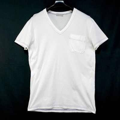 DIOR HOMME Men's V-Neck Cotton T-Shirt with Pocket & Navy Stitching White  XS