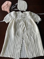 1990s Gorgeous Handmade Crochet Baby Christening Gown  Bonnets Set White,Orange