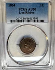 CHOICE 1864 INDIAN HEAD PENNY CENT 1C PCGS AU-50  L on RIBBON