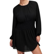 Madewell Mini Dress XS Black Bubble-Sleeve Smocked Waist Babydoll Whimsy NWD