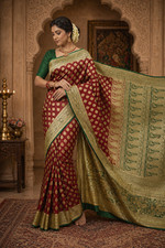Red Gold Banarasi Silk Saree, Green Border, Traditional Indian Wedding Wear