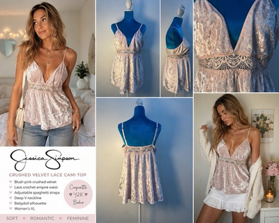 #ad Jessica Simpson Tank Top XL Pink Crushed Velvet Lace Babydoll Cami Y2K Coquette $21.87