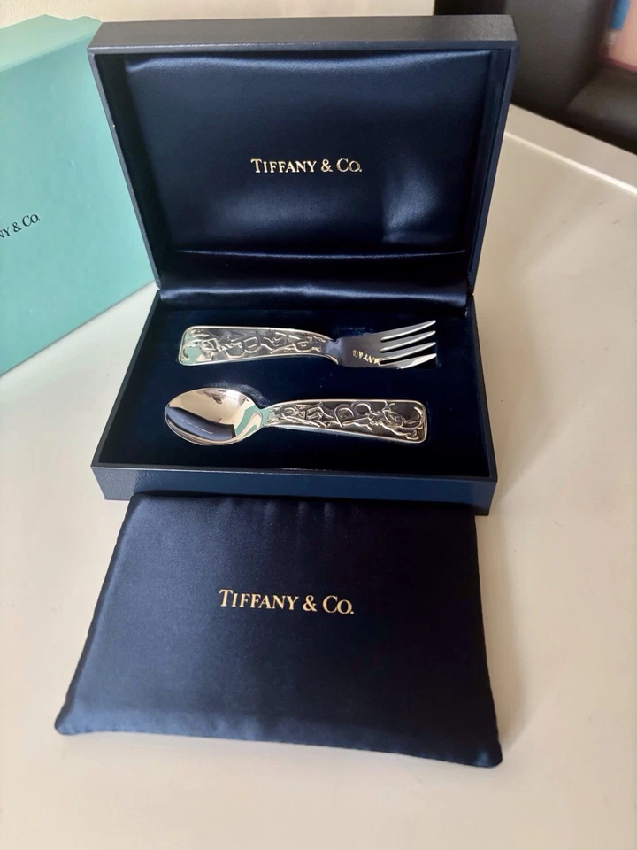 TIFFANY & Co Sterling Silver 925 Baby Child Fork Spoon Set Teddy Bear ABC Cased - Image 2 of 4