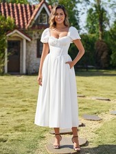 Floral Corset Midi Wedding Dresses Lace Up Puff Sleeve A Line Dress with Pocket