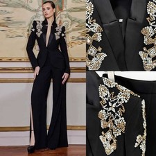 Women Black Crystals Suit Beaded Jacket Single Breasted Wedding Party Formal