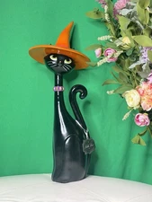 Bella Lux 24” Black Cat W/ Orange Witch Hat – Large Halloween Decor Figurine NWT