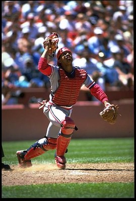 ST LOUIS CARDINALS CATCHER TONY PENA LOOKS TO CATCH A POP FLY DURI- Old Photo